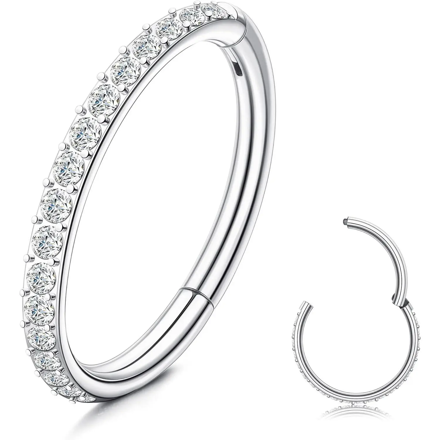 Florideco G23 Titanium Sparkling CZ Round Hoop Nose Ring - 10mm Hinged Clicker Segment, 18G-16G, Women's Silver Gold Septum Piercing Jewelry for Daily Wear,summerwins