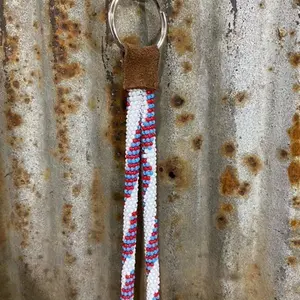 Red White and Blue Handmade Lanyard with Beaded Design and Metal Ring