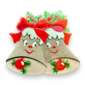 Silver Bells Brooch Lipstick & Chrome - Decorative Jewelry with Silver Finish and Red Accents, Perfect for Holiday Celebrations