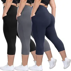 3 Pack Leggings with Pockets for Women Plus Size-High Waisted 1XL-5XL Tummy Control Soft Capri Yoga Pants for Workout Gymclothes