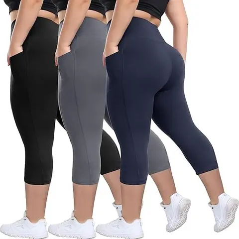 Women's Plus Size 3-Pack High Waisted Capri Leggings - High Stretch Tummy Control Elastane Pants with Pockets, Gym Fitness Leggings, Athleisure Pants (1XL, 2XL, 5XL)