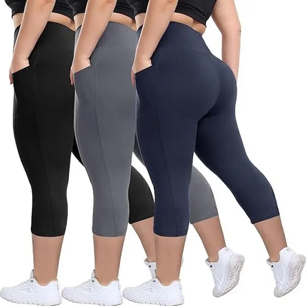 Women's Plus Size 3-Pack High Waisted Capri Leggings - High Stretch Tummy Control Elastane Pants with Pockets, Gym Fitness Leggings, Athleisure Pants (1XL, 2XL, 5XL)