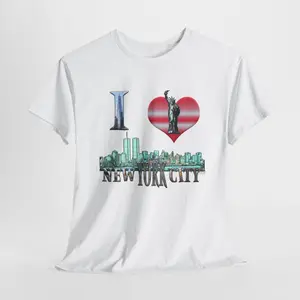 I Love New York, Statue Of Liberty, Skyline. Heart. Short-Sleeve Unisex T-Shirt. Two Sided Custom Graphic Designed NYC Shirt. Unisex Heavy Cotton Tee