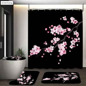 1/3/4PCS Artistic Cherry Blossom Branch on Black Shower Curtain Set with Rugs, Non Slip Bath Mat, U-Shape Carpet, Toilet Lid Cover, Polyester Fabric Bathtub Curtain Accessories, 12 Hooks, Home Bathroom Festival Decor