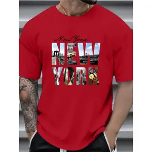 Men's 100% Cotton New York Skyline Graphic T-Shirt - Casual Crew Neck, Short Sleeve, Machine Washable, Summer Comfort, Iconic NYC Print, Dark Color, Urban Style, Casual Attire