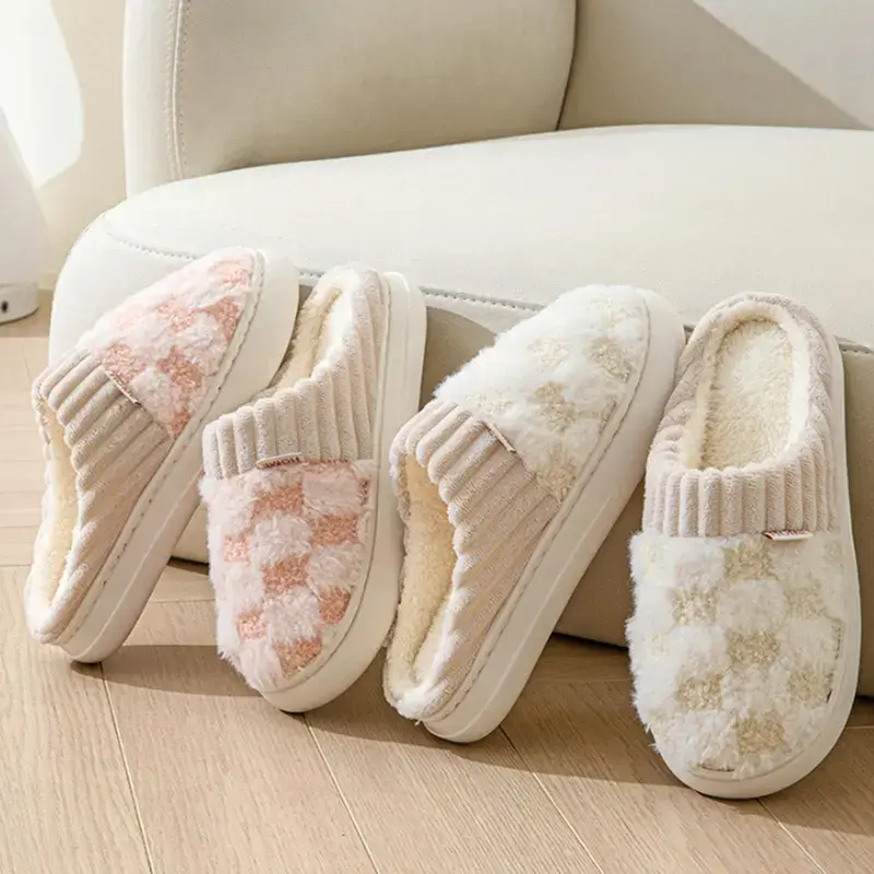 Men's & Women's Checkered Plush Slippers | Cozy Winter Essentials | Indoor/Outdoor Fuzzy House Shoes with Non-Slip Sole | Comfy Couple Gift Idea | Warm Fluffy Bedroom Footwear Cotton Soft  slippers women