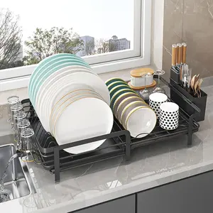 Dish Drying Rack, Extendable Dish Rack for Kitchen Counter, Saving Countertop Space Dish Drainer, Stainless Steel Kitchen Drying Rack with Cutlery Holder