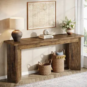 Tribesigns 70.9-Inch Extra Long Console Table, Rustic Brown, Farmhouse Style, Entryway Accent Table with Sturdy Double Pedestal, Entryway Accent