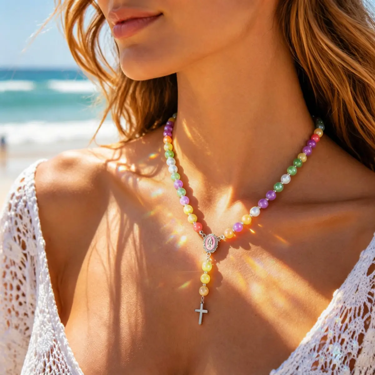 Rosary Necklace UV Reactive Cross Necklace for Women Men Protection Necklaces Hematite Stone Rainbow Dopamine Mood Jewelry Rosary Beads Catholic Jewelry Gifts