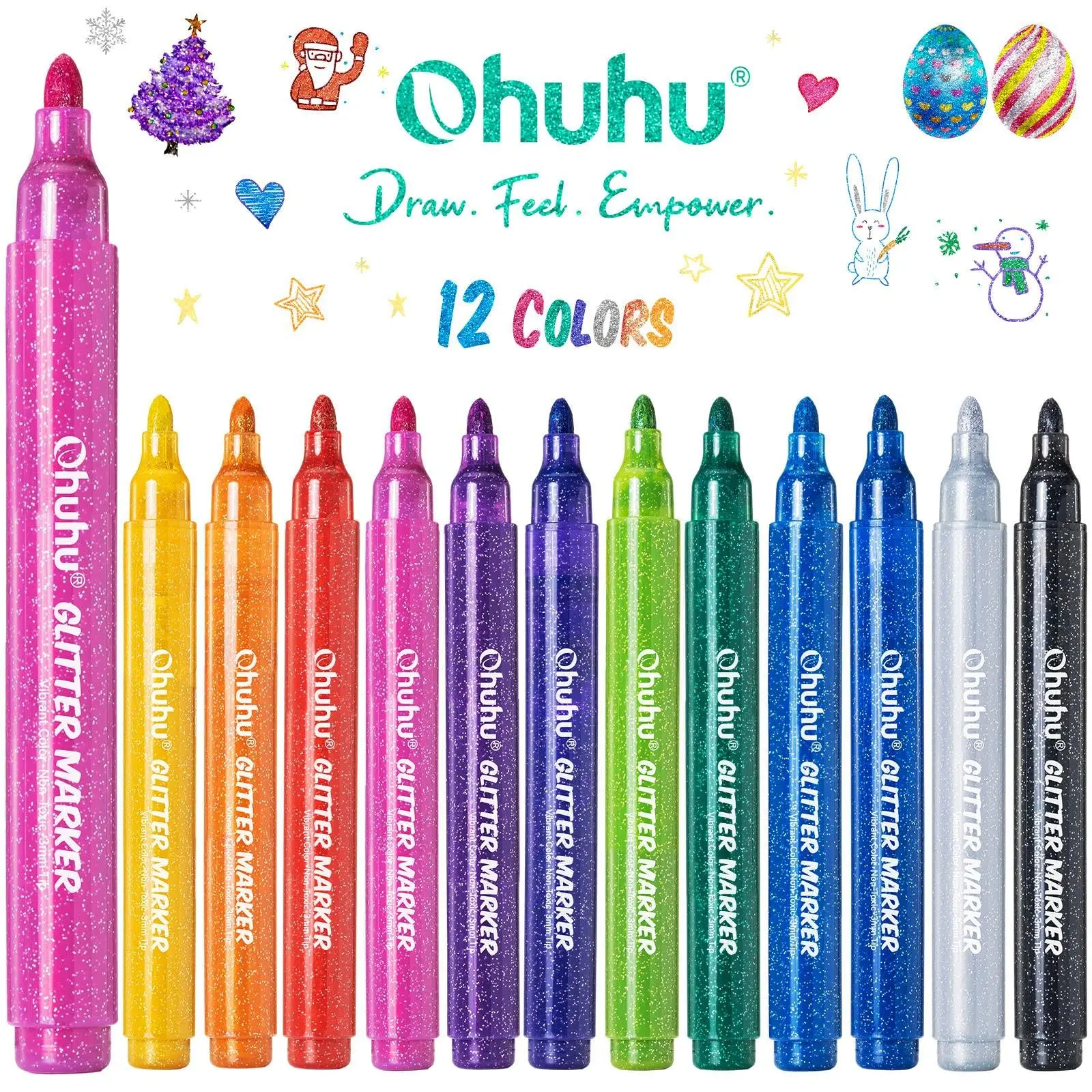 Ohuhu Glitter Markers Pen: Fine Tip - 12 Glitter Colors - Medium Tip 3.0mm- Metallic Shimmer Marker Fine Tip Water-based Ink for Adults DIY Crafts Greeting Birthday Cards Making Mugs Wood - Glitter Markers Series of Ohuhu