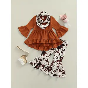 NewKid Girl 3pcs Suit, Long Ruffle Sleeve A-Lined Tops Wide-Leg Dye Printed Casual Trousers + Scarf, Girl'S Tailcoat, Flared Pants and Scarf, for Outdoor