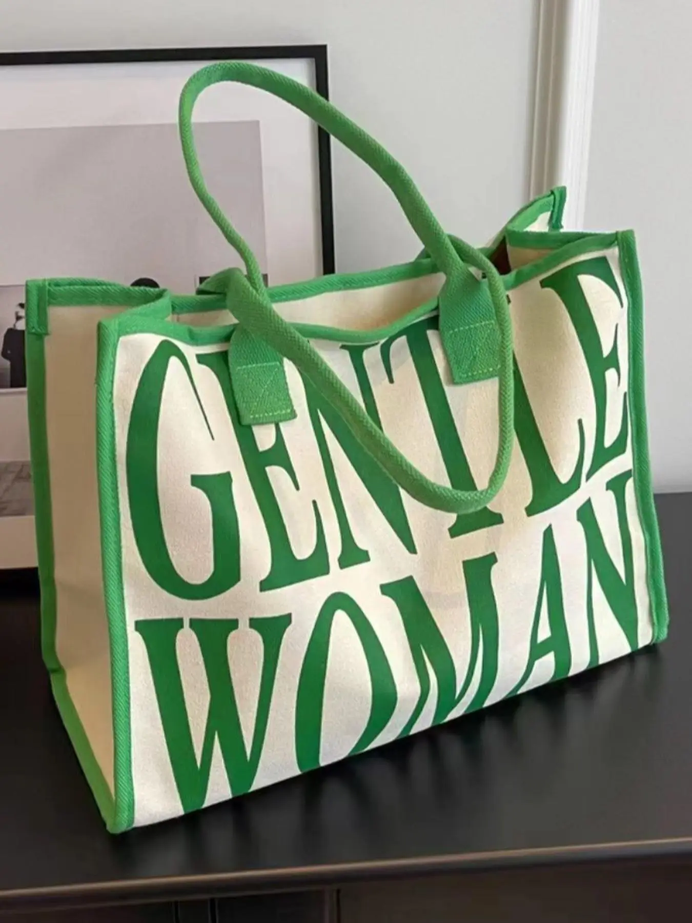 Casual Green Large Capacity Everyday Tote Bag for Women, Fashionable Contrast Binging Design Canvas Work Tote Bag for Work & Daily Use, Everyday Bag A