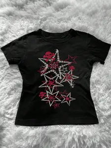 Y2K Grunge Aesthetic Streetwear Skull Star Rhinestone Graphic Print Cotton Crop T-Shirt - Punk Vibe Party Outfit Everyday Wear, Edgy Y2K Clothes for Gen Z, Comfy, Casual, Fitted Short Sleeve Top, TikTok Fashion 2026, Bold Statement Rock Tees, Women