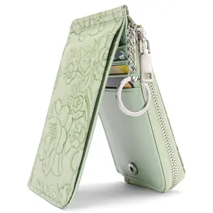 Zipper card holder with embossed design, large capacity, multiple card slots, women's coin purse with key ring
