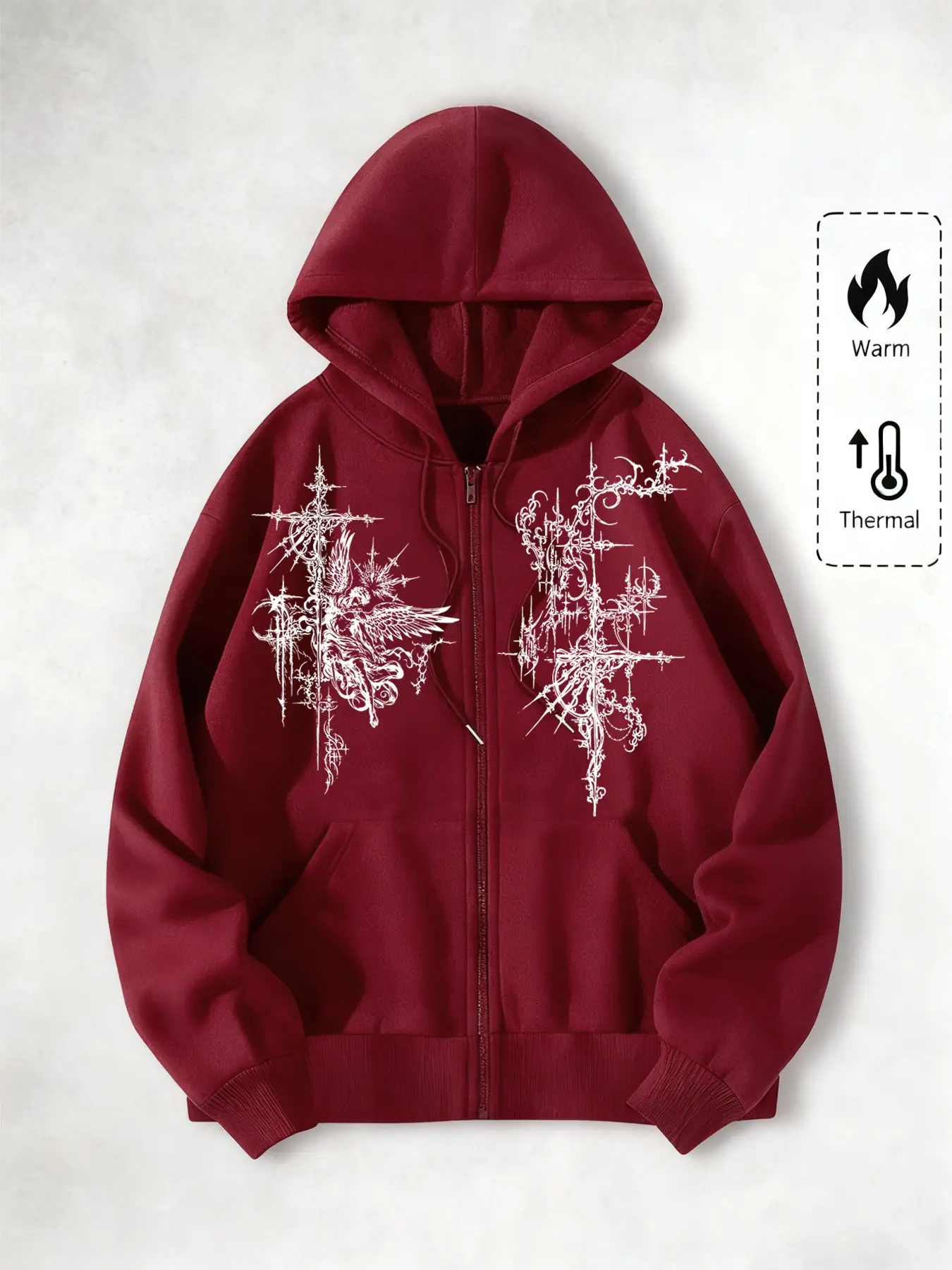 Dark Gothic Thorn Abstract Print Long Sleeves Hooded Sweatshirt, Graphic Sweatshirts, Fitted Streetwear for Fall & Winter, Warm Layering Outer Shell