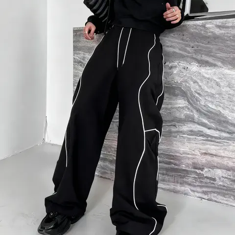 Men's Loose-Fit Activewear Sports Bottoms - European-American Style, Spliced Striped, Heavyweight Color Block, Casual Spring-Autumn Gym/Outdoor Pants, Machine Washable, XL