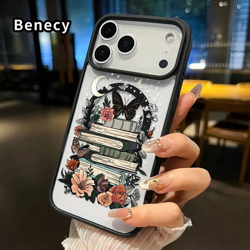 Magnetic Phone case for iPhone 17 16  Pro Max Plus 15 14 13 12 11 Air E Moonlight Flower Book Pattern Non-Yellowing Shockproof Soft Silicone Transparent Acrylic Cover Supports Wireless Charging