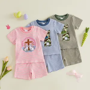 Babamoon Kids Baby Boys Girl Easter Outfits Set Camouflage Bunny Embroidery Striped Short Sleeves T-Shirt and Shorts Clothes Set 0-3 Years