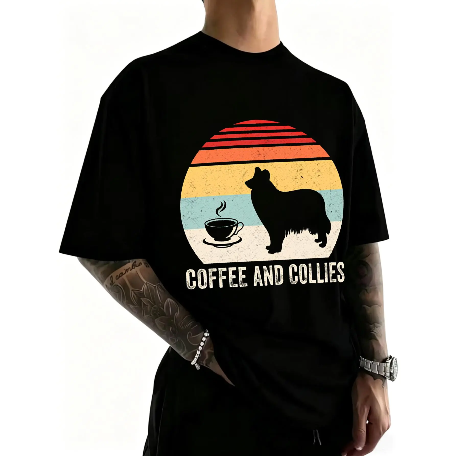 Cotton Vintage Retro Coffee And Collies Rough Collie Border Collie T-Shirt