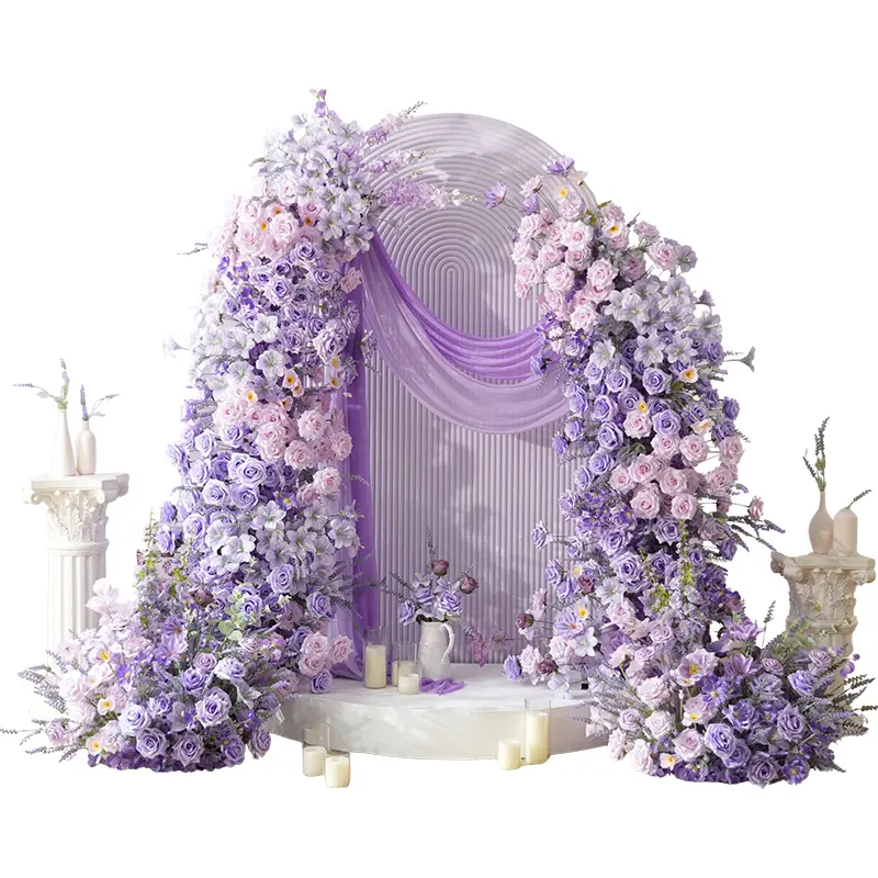 S-A9002 Purple Lavender Delphinium Rose Artificial Floral Row Horn Arch Aisle Floor Flower Wedding Decor