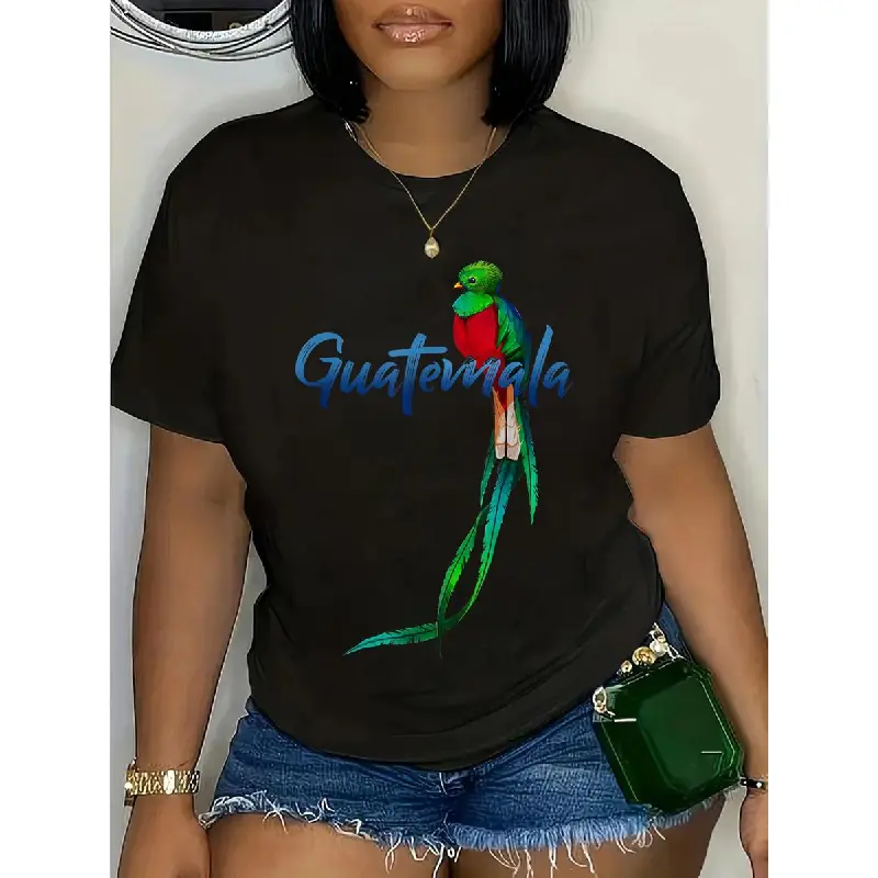 Women's Guatemala Map & Quetzal Graphic Print T-Shirt, Casual 100% Cotton Short Sleeve with a Fitted Cut for Summer