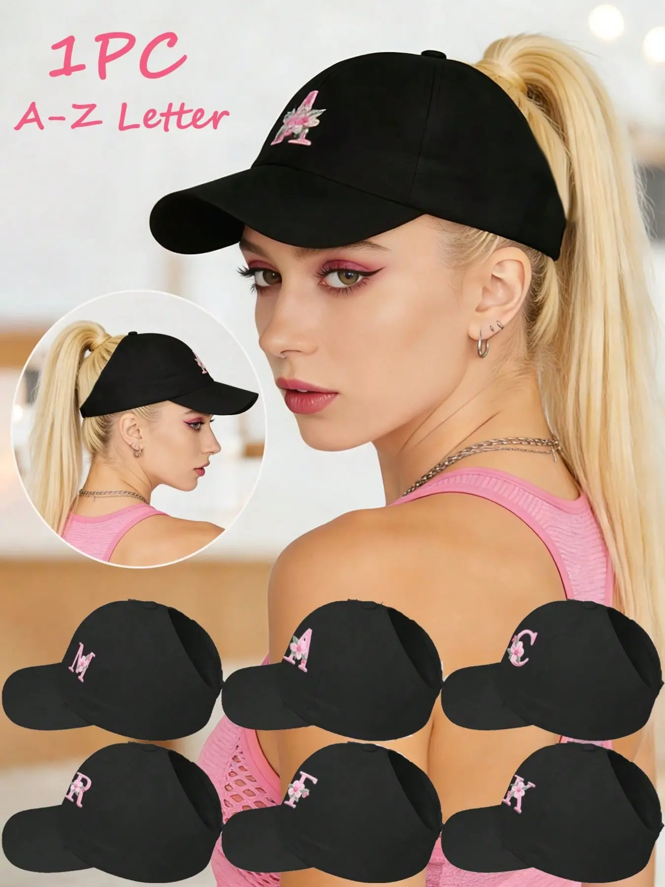 1PC A-Z Letter Embroidered Visor Hat, Adjustable Empty Top Baseball Cap, UV Protection Sun Visor for Women, Ponytail Friendly Summer Beach Outdoor Sports Hat