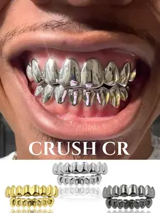 CRUSH CR Mirror Polished 8/8 Teeth Grillz Set for Men and Women, 18K Gold/Silver/Black Plated Full Top Bottom Grillz, Hypoallergenic Removable Full Mouth Grillz, Perfect for Hip Hop Concerts, Music Festivals, Club Nights Urban Street Style