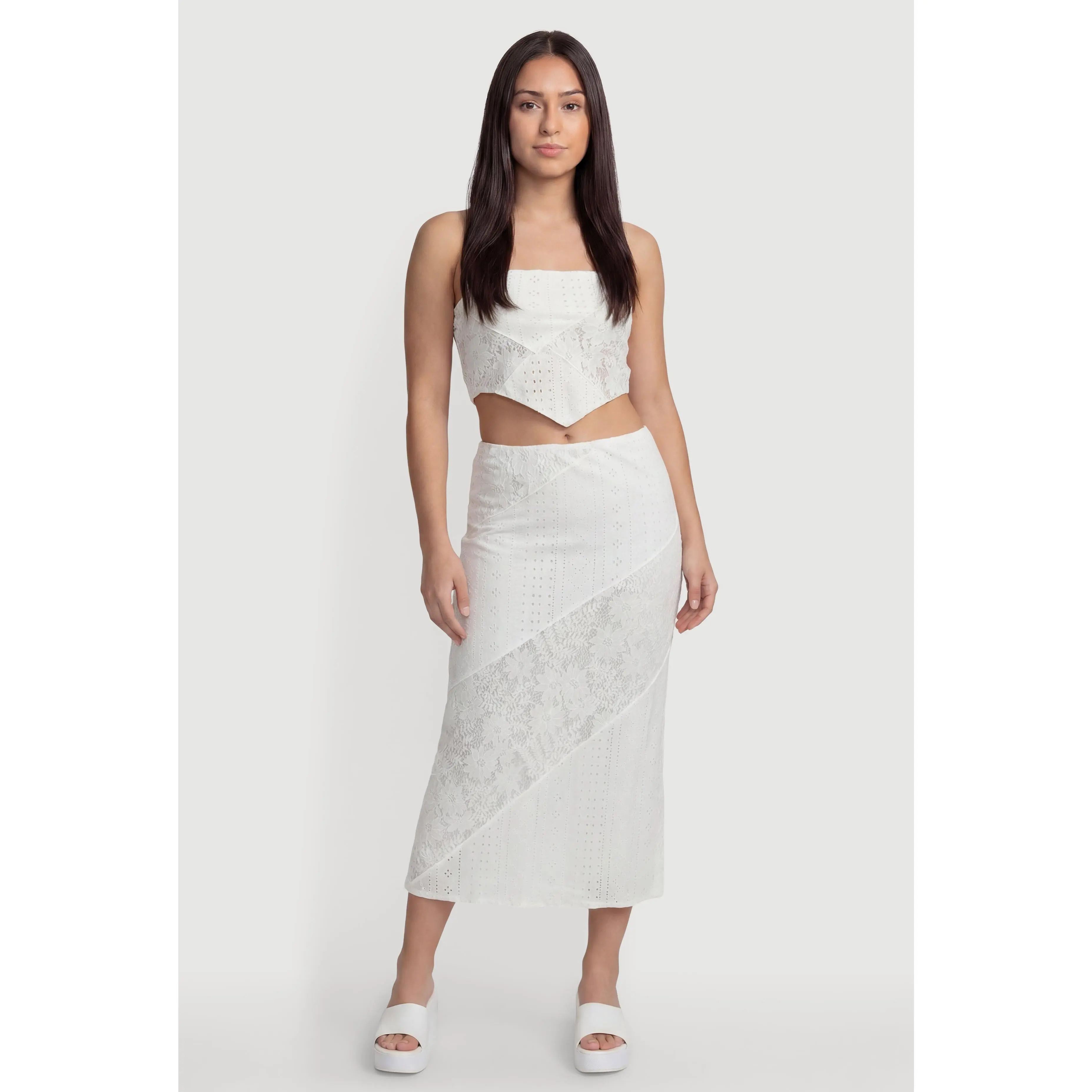 Pointelle Knit Lace Patchwork Midi Skirt