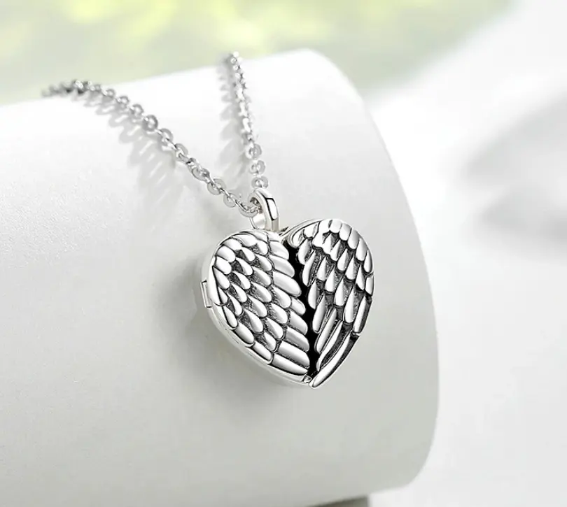 925 Sterling Silver Angel Wings Keepsake Heart Locket & Urn Pendant