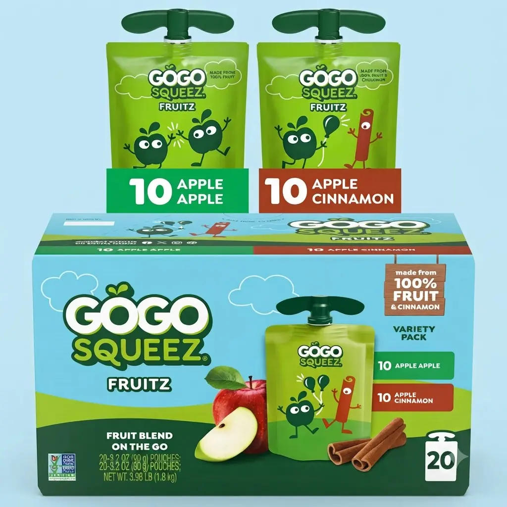 GoGo squeeZ No Sugar Added Applesauce Fruit Puree 20 Count 3.2 oz Apple Cinnamon Gluten Free Kids Snack Pouches