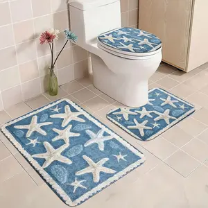 Three-Piece Fresh Sea Breeze Starfish Bathroom Mat Set, U-Shaped Toilet Pad + Foot Pad + Lid Cover Pad, Home Non-Slip Set, Bathroom Rug Set, Bathroom Decorative Mat
