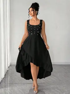 Plus Size Women's Square Neck Beaded Sleeveless Dress, Waist Cinched Front Short Back Long, Ruffle Edge Formal Gown