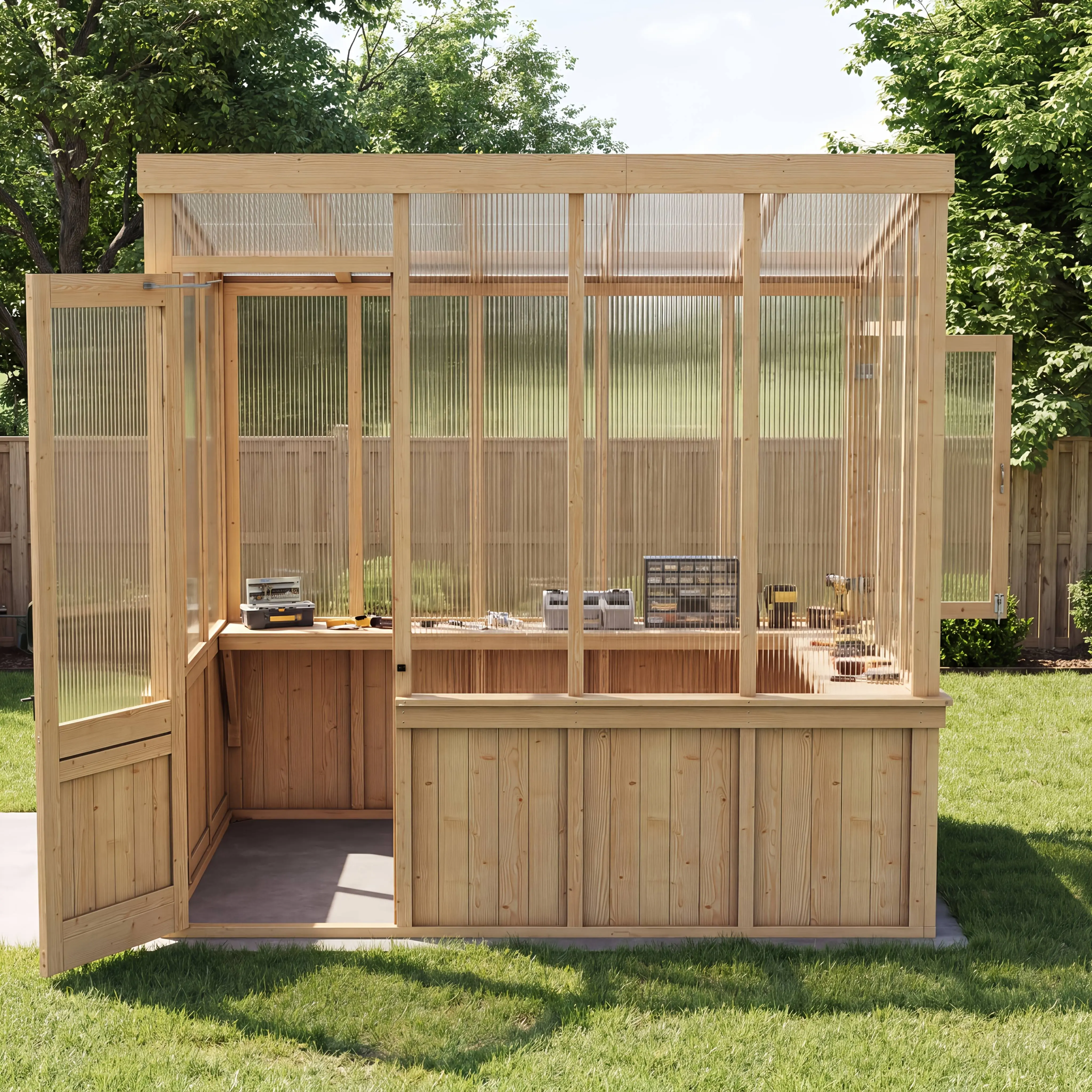 8.14 X 6.14 Ft Solid Wood Cedar Wood Greenhouse with Polycarbonate Panels, Outdoor Walk-In Greenhouse with Ventilation System, for Outdoor Garden Backyard Lawn, Stylish Oak Design
