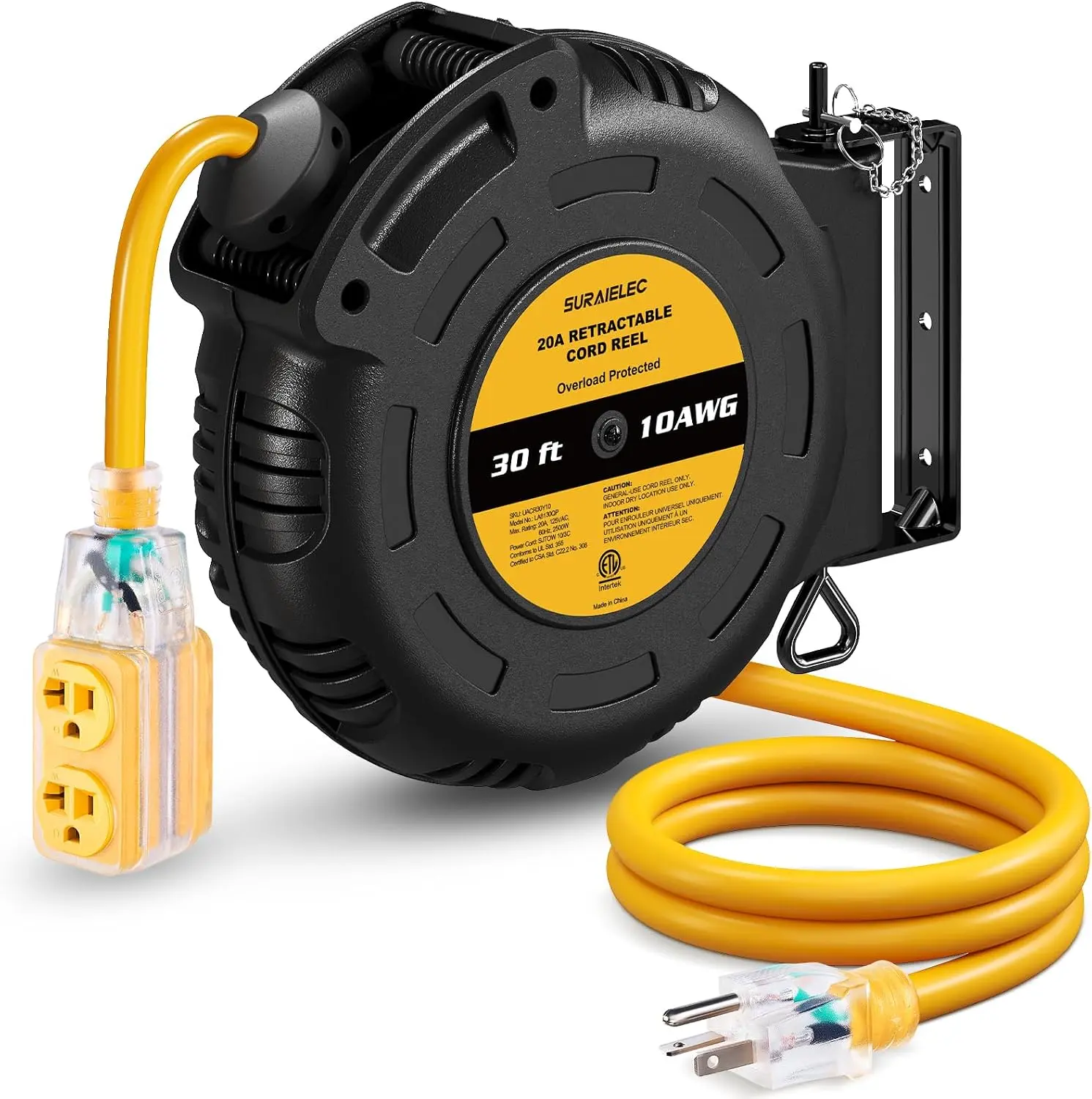 30FT Retractable Extension Cord Reel, 10AWG, 20A, ETL Listed | 10AWG/3C SJTOW Heavy-Duty Cord, 4 Lighted Grounded Outlets, Wall/Ceiling Mounting for High Power Equipment
