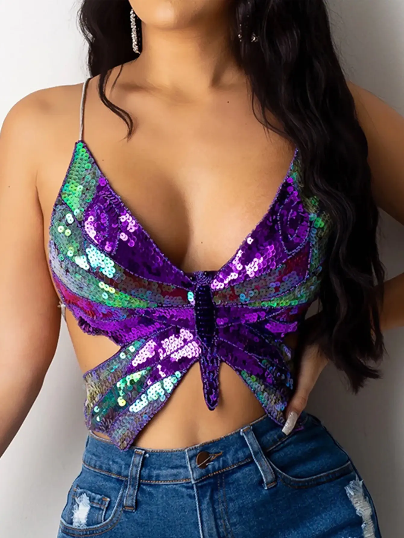 Sexy Halter Sequin Butterfly Top Corset Y2K Crop Top Women Summer Top Club Womens Tops Backless Party Vintage Clothes Tank Top Yamycka