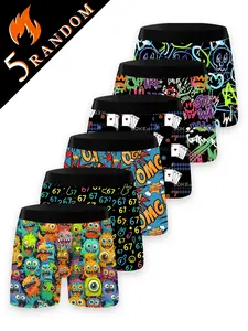 Men's Comfortable Novelty Underwear Set, Cute Poker & '67' Multicolor Graffiti, Casual Fitted Boxer Briefs, Daily Wear Sportswear