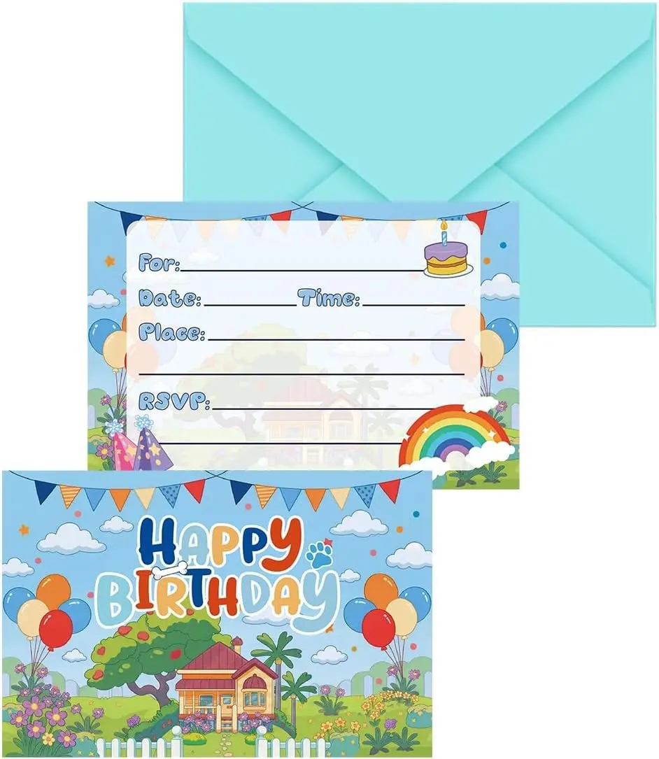 12Pcs Cute Cartoon Dog Birthday Invitations Set with Envelopes & Stickers Puppy Paw Theme Invitation Cards for Birthday Decorations Party Favors Supplies