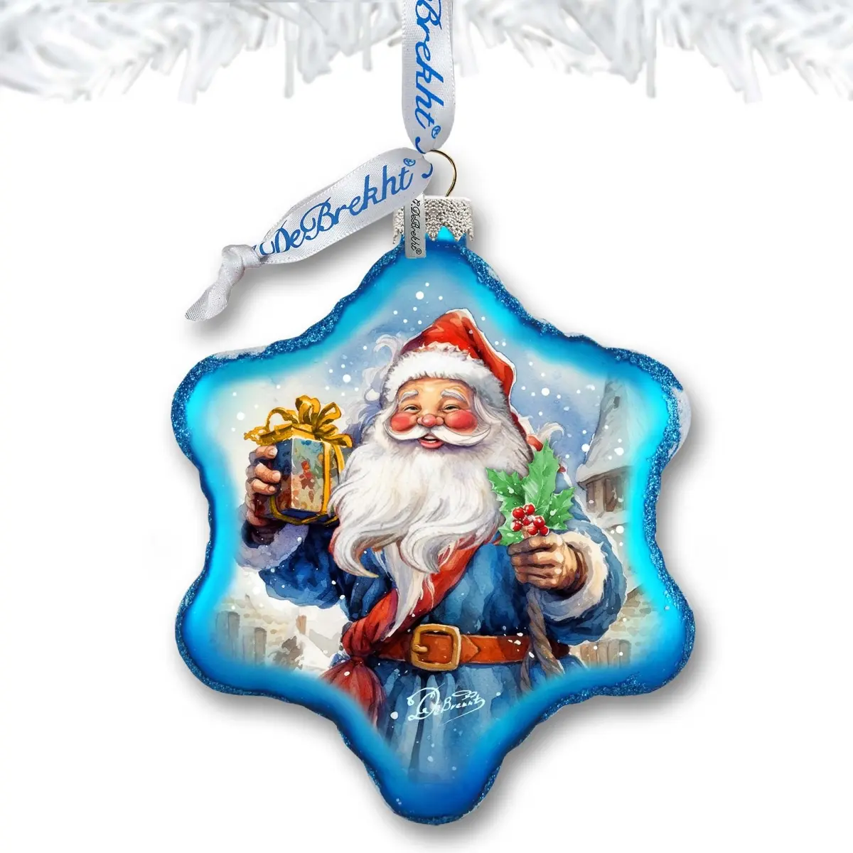 Designocracy 754-044 4x3.5 in. Satin Painting Snowflake Glass Ornament, Handmade Miniature Indoor Holiday Christmas Tree Decor with Ribbon, Santa Gift Home Supplies, 4 X 3.5 In.