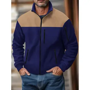 [Polyester Fleece Jacket] Polyester Long Sleeve Fleece Jacket - Men's Casual Training Outerwear for Autumn/Winter with Zipper - Solid Color