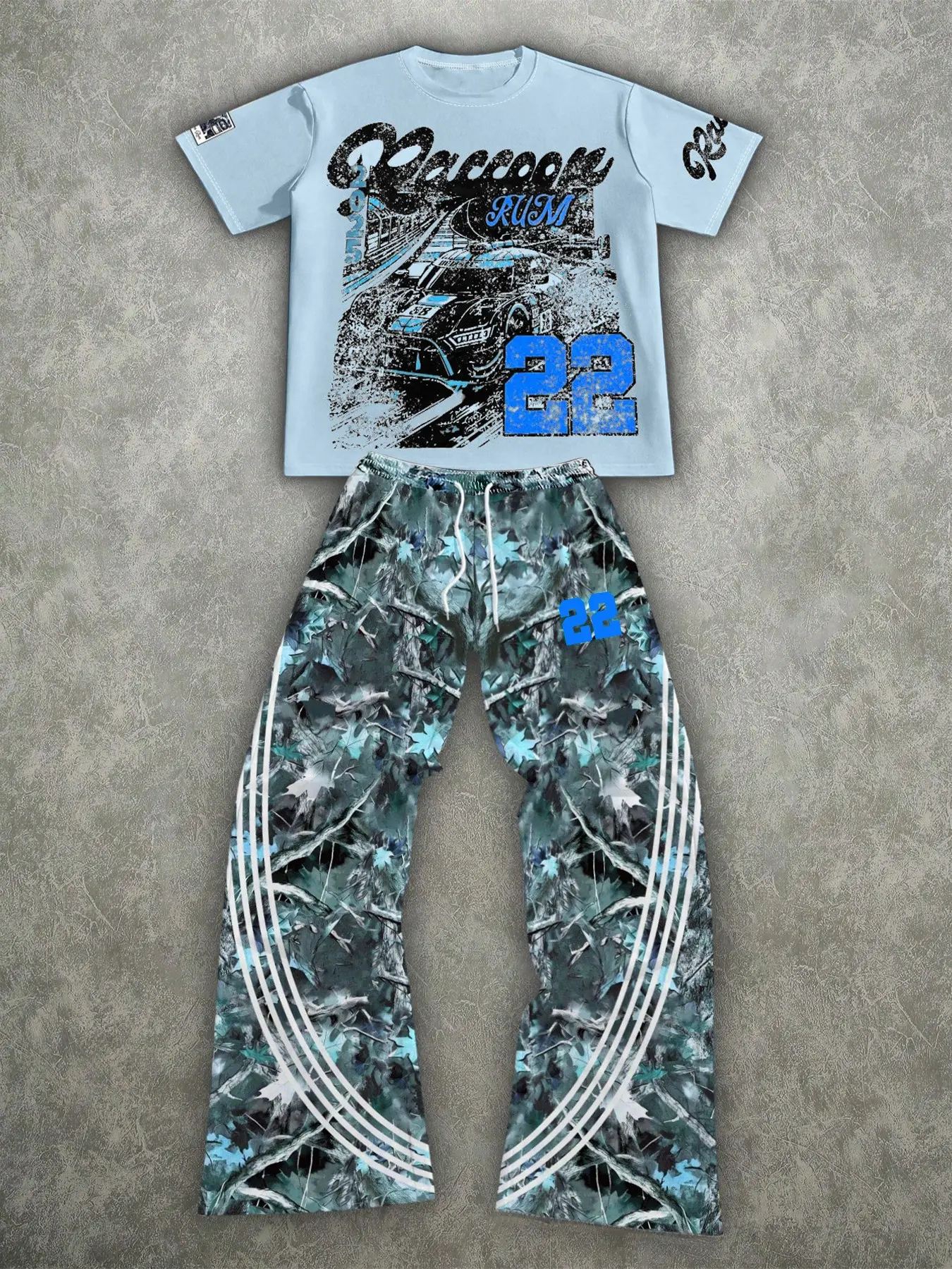 Unisex Retro American Style Two-Piece Set, Graphic Print Short Sleeve Tee + Camo Camouflage Wide Leg Pants, Fashionable Streetwear