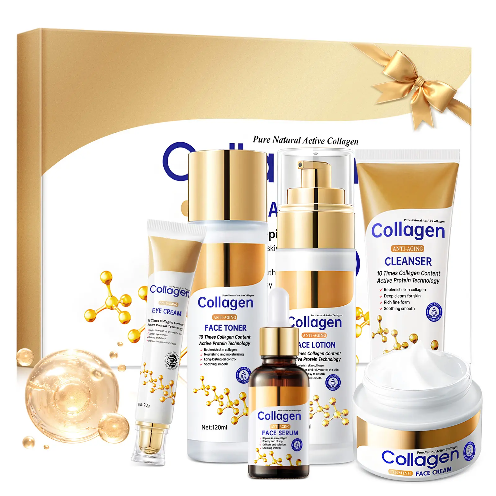 Collagen Anti-Aging Unisex Face Care Set - Daily Firming, Hydrating, Soothing Kit with Lotion, Cream for All Types, Gentle Nourishing, Smoothing, Soft Skin, Eyes, Skin Transformation, Glow Up Challenge, Radiant Collagen Boost Bundle