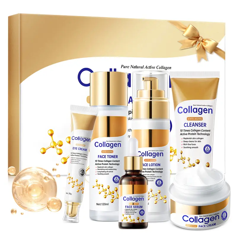 Unisex Collagen Anti-Aging Face & Eye Care Set for Adults - All-Skin Types Anti-Wrinkle Kit, Collagen Boost Set with Facial Cream, Lotion, Moisturizing, Firming, Soothing, Gentle Nourishing, Smoothing Aesthetic Skin Care Kits