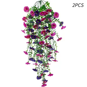 2/6Pcs Eucalyptus & Morning Glory Long Hanging Vines, Artificial UV Resistant Decorative Fake Flowers, Realistic Faux Petunias Silk Vines for Outside Planter, Porch, Patio & Home Decor