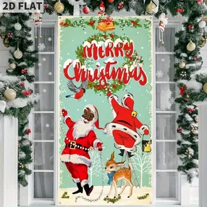 1 Count 2D FLAT Polyester Merry Christmas Door Banner Flag, Black Santa Claus Backdrop African American Santa Retro Backdrop Banner for Xmas, Winter Party Accessory | Holidaythemed Decor | Quality Festive Print, Outdoor Christmas Decorations