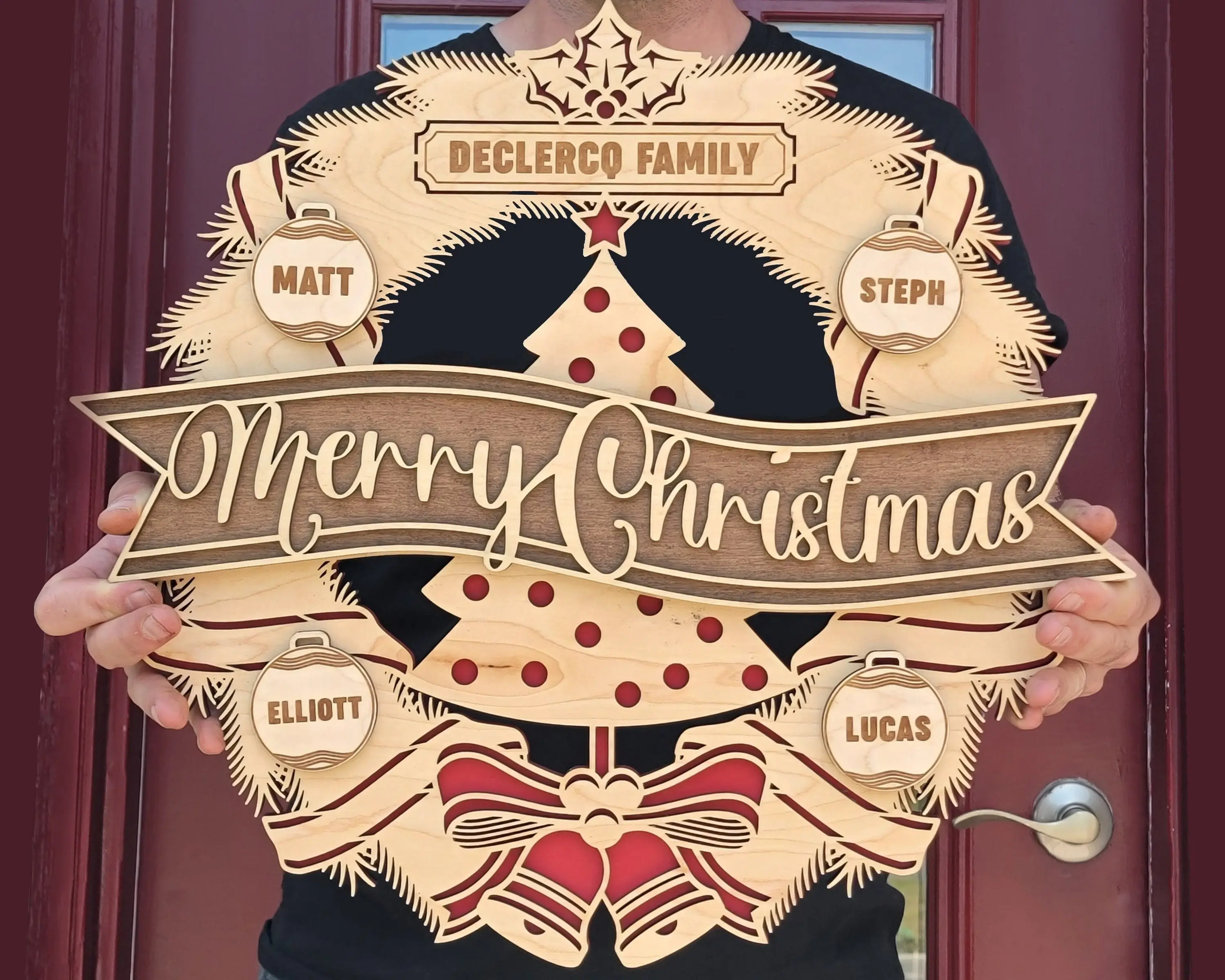 Personalized Farmhouse Outdoor Christmas Wreath for Front Door, Christmas Decoration Wall Decor, Winter Wooden Front Door Wreath