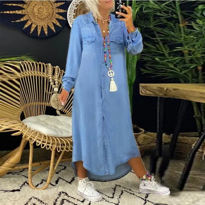 knee length dresses for ladies Medium Wash Denim Maxi Dress - All Denim main image 1