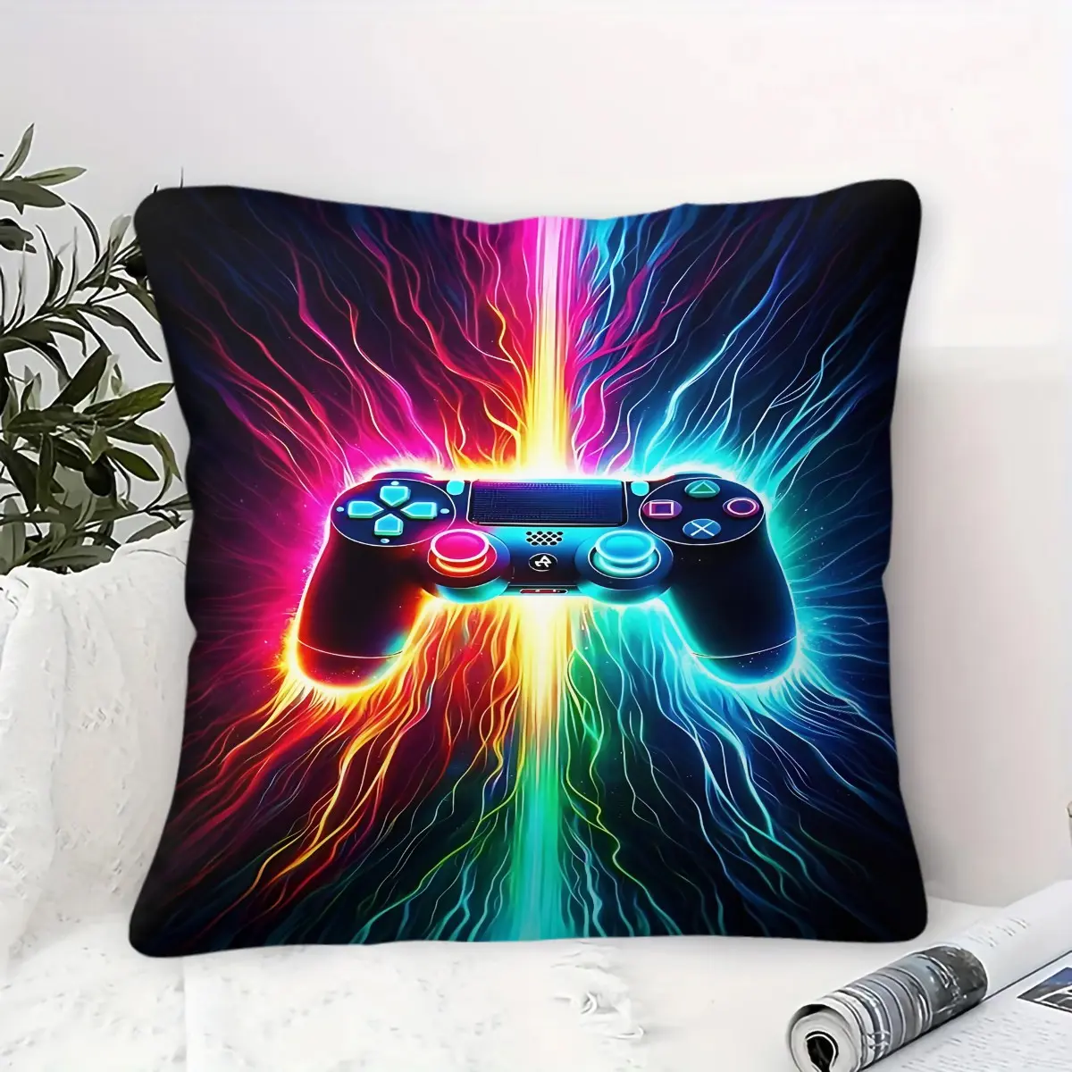 Neon Gaming Controller Throw Pillow,Cyberpunk Gamer Style Accent Pillow,Cozy Soft Decorative Cushion with 3D Vibrant Neon Print,Perfect for Gaming Room Sofa Bedroom Dorm Chair,Trendy Gamer Home Decor Accent