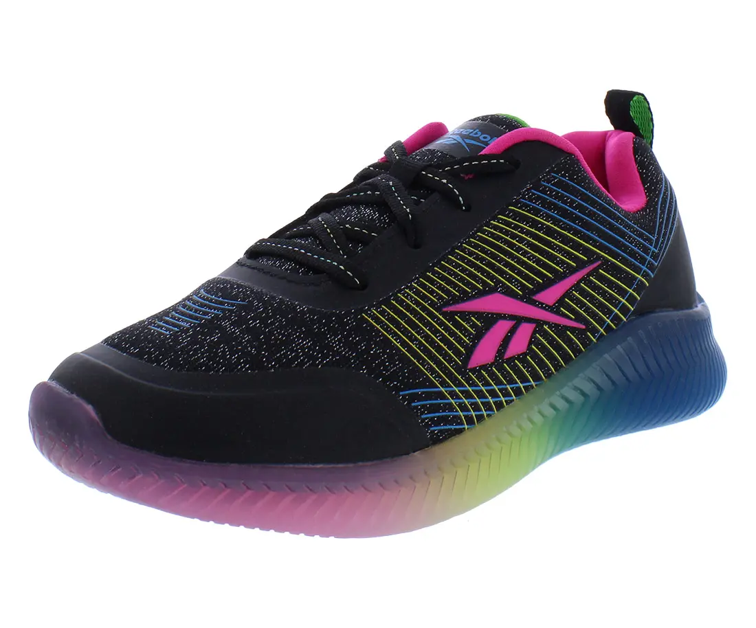 Reebok Girls' Fire PS Casual Sneakers, Low-Top Athletic Shoe with Laces and Colorblock Pattern for Kids Size, Durable Single Shoe Construction, All Seasons, Black/Multicolor, Sporty Kid's Sneakers