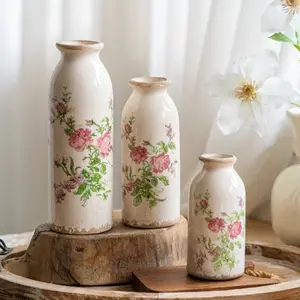 TEWEIQI Farmhouse Rustic Ceramic Flower Vase, 3-in-1 Small Vase Set Vintage Decorative Vase for Home Decor, Living Room, Mantel, Bedroom & Bathroom