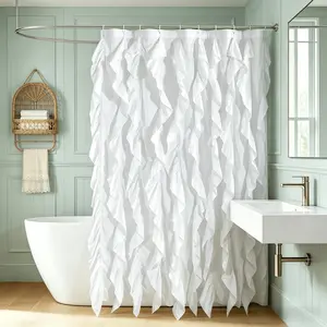 White Ruffled Shower Curtain, Suitable for Farmhouse Bathroom, Textured Design, 72 x 72 Inches, Opaque, for Elegant Decoration.